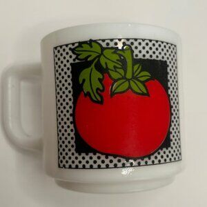 Vintage Milk Glass Mug Double Sided Tomato Print D Handle
